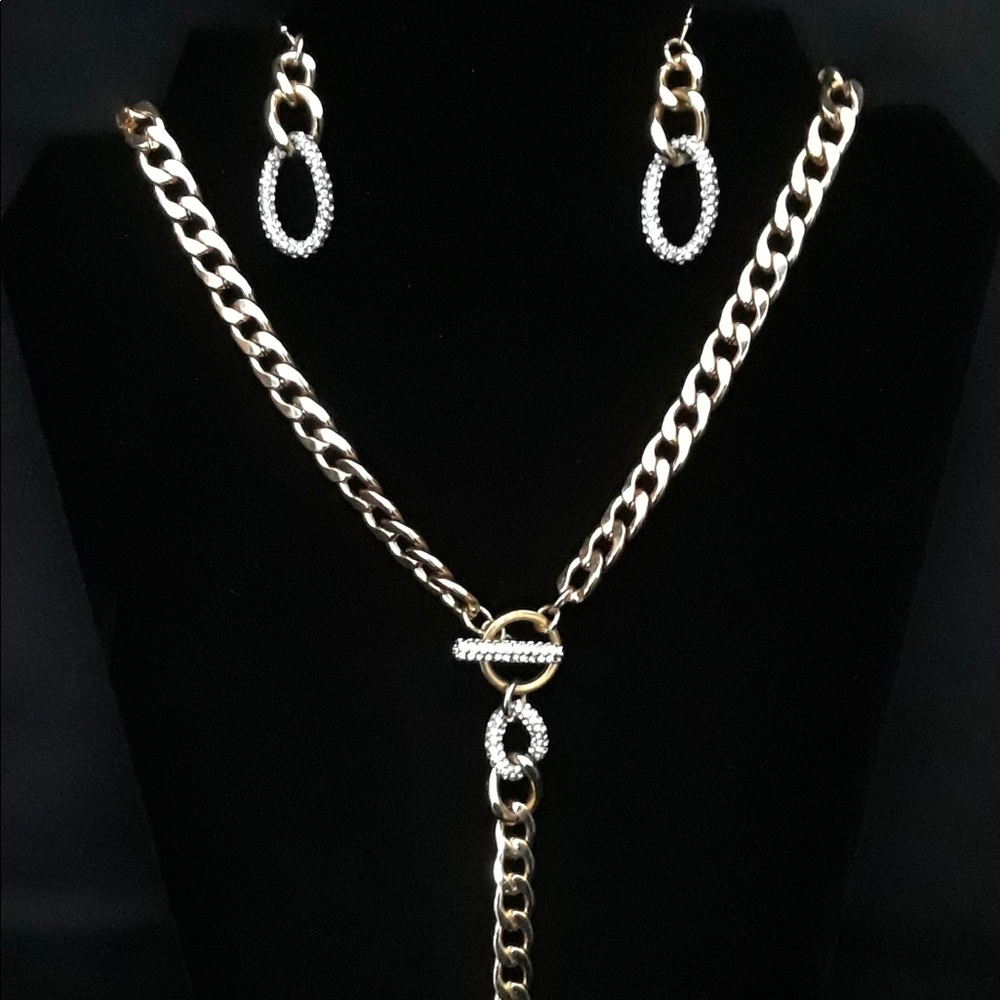 Gold Lariat Necklace with Earrings
